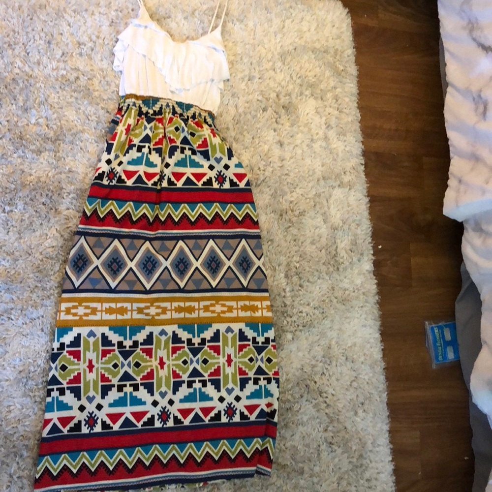 White ruffle Aztec print maxi dress